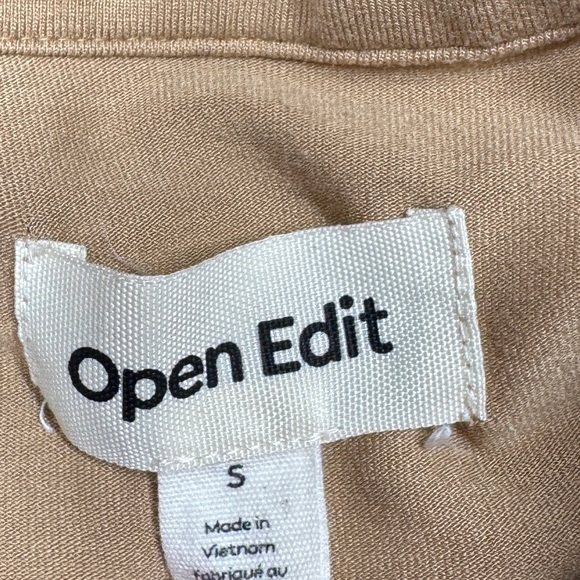 Open Edit Stretch Knit Tan Cartouche Long Sleeve Collared Button Up Blouse S - Picture 14 of 16